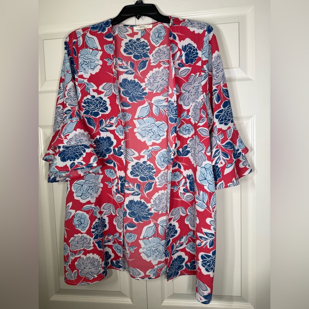 Andree by Unit Open Front Kimono Cardigan Women's Medium Red Floral Bell Sleeve